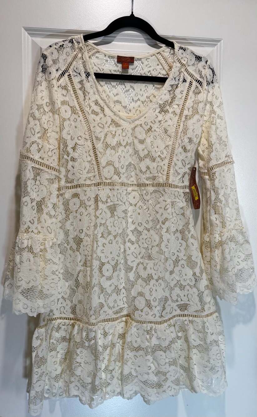 Honey Creek by Scully Women's Lace Crochet Long Sleeve Mini Dress Size S Ivory